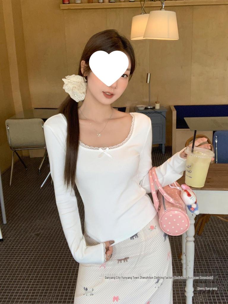 Bow Lace Spliced Sexy Long Sleeve Square Neck T-shirt for Women - 2025 Early Autumn Edition