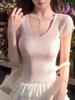 2026 Summer Pink V Neck Short Sleeve Knit Women T-shirt Slim Fit Figure Flattering Sweet Tee Spicy Stylish Versatile Crop Top
