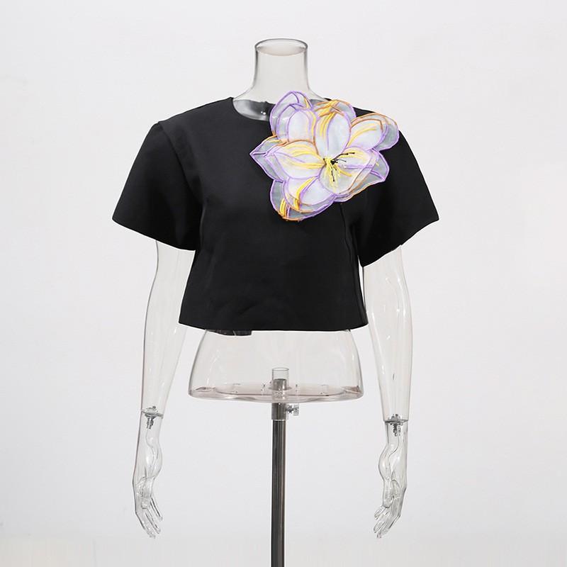 French Temperament Elegant Two-piece Women's Three-dimensional Flower Short-sleeved Top + High-waisted A-line Long Skirt Set