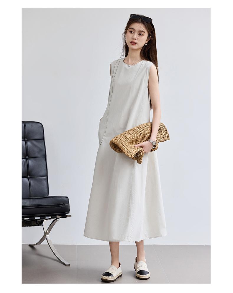 Summer "Su Mei Yan Xing" Modern Minimalist Style Jiangnan Fabric Sense Plain Color Sleeveless Ribbon Dress