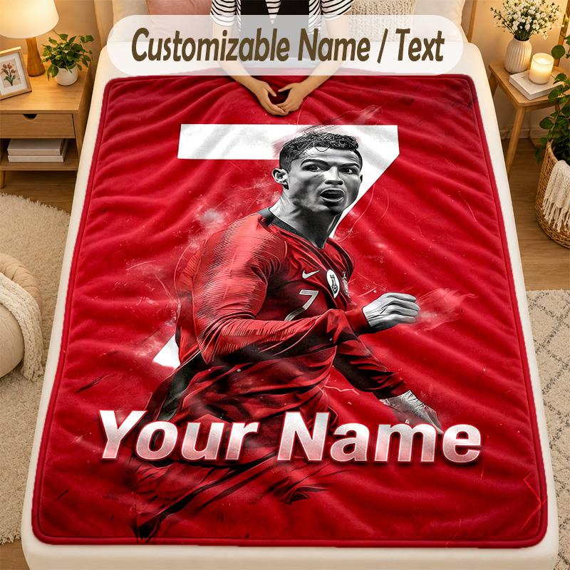 Flannel BlanketCristiano Ronaldo Custom Name Text Personalized Soft Warm Throw Blanket Home Decor Gift