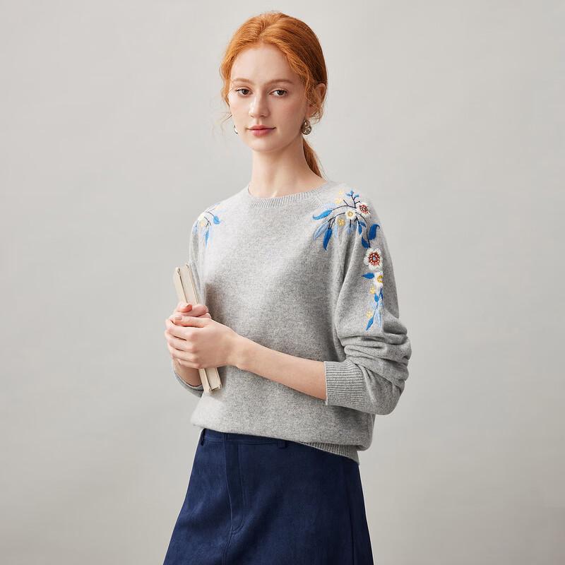Kemengboka Women's Embroidered Cashmere Crewneck Sweater