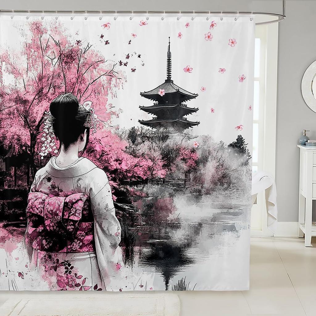 Kids Japanese Geisha Shower Curtain Boys Girls Cherry Blossoms Bathroom Shower Curtain Set Japanese Style Bath Curtain