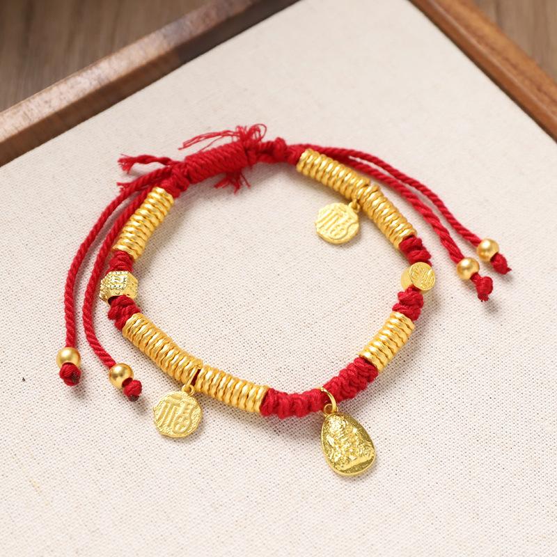 Ancient sand gold hammer pattern coiling bracelet yellow God of Wealth five emperors money red rope woven bracelet men's and women's retro hand rope