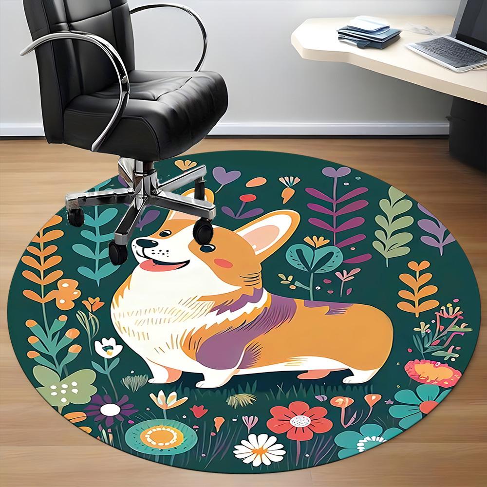 1pc Floral Corgi Office Round Area Rug, Under Office Chairs Bedroom Living Room Home Decor, Room Deco