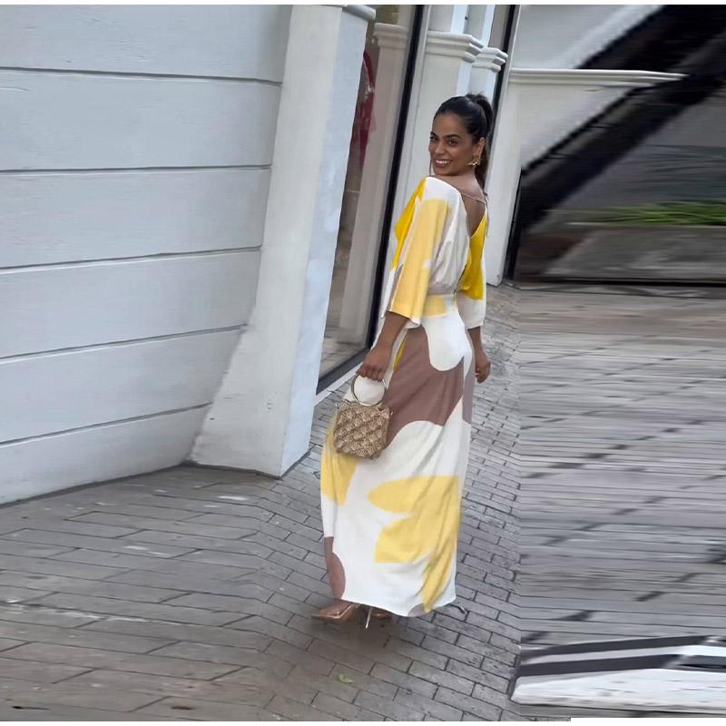 Mode V-ausschnitt Gedruckt Taille-schließen Kleid Frauen Frühling Elegante Schlanke Temperament High-taille Kleider Weibliche Pendler Kleidung