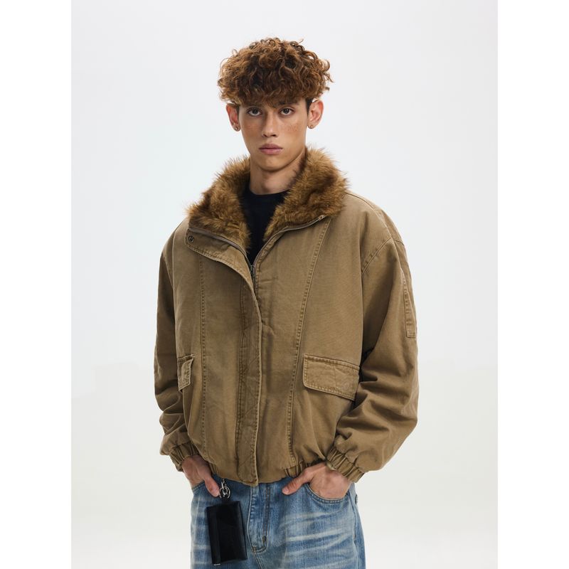 Cabbage Coke American Retro Faux Fur Quilted Short Workwear Jacket Autumn and Winter Design Loose Warm Jacket for Men