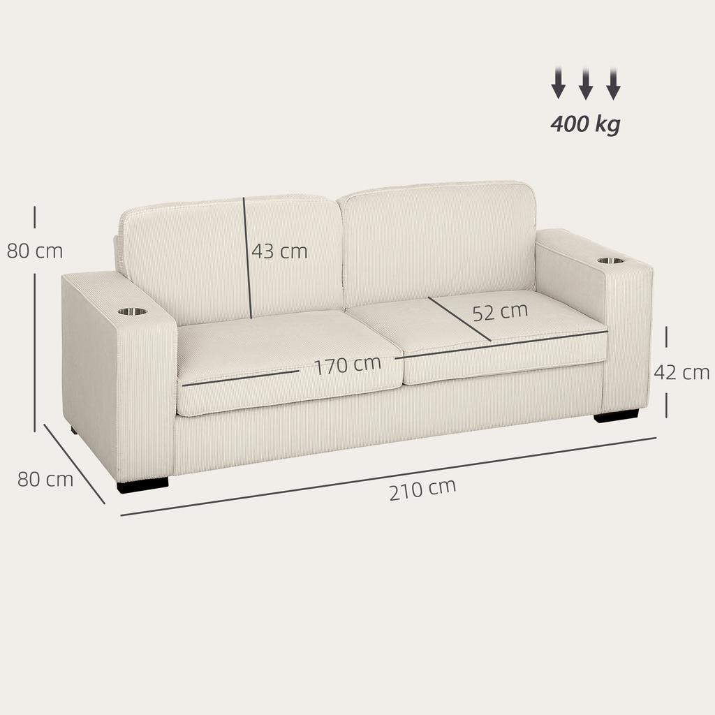 Three Seater Corduroy Sofa Cream White