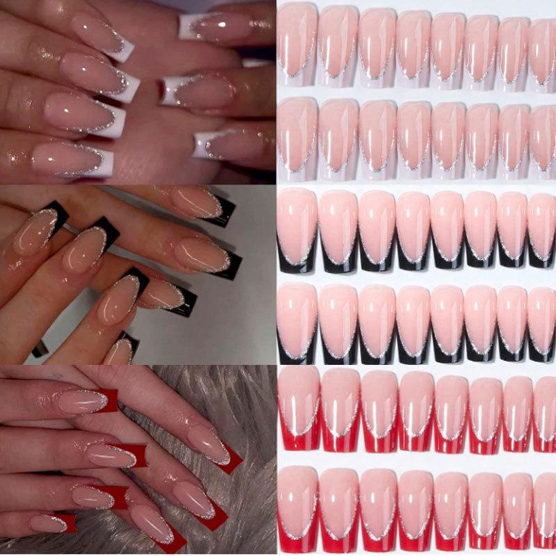 24pcs Long Coffin-Shaped White French Manicure Fake Nails Press On Nails Elegant Style For Women Girls For Daily Wear Or Parties Nail Supplies