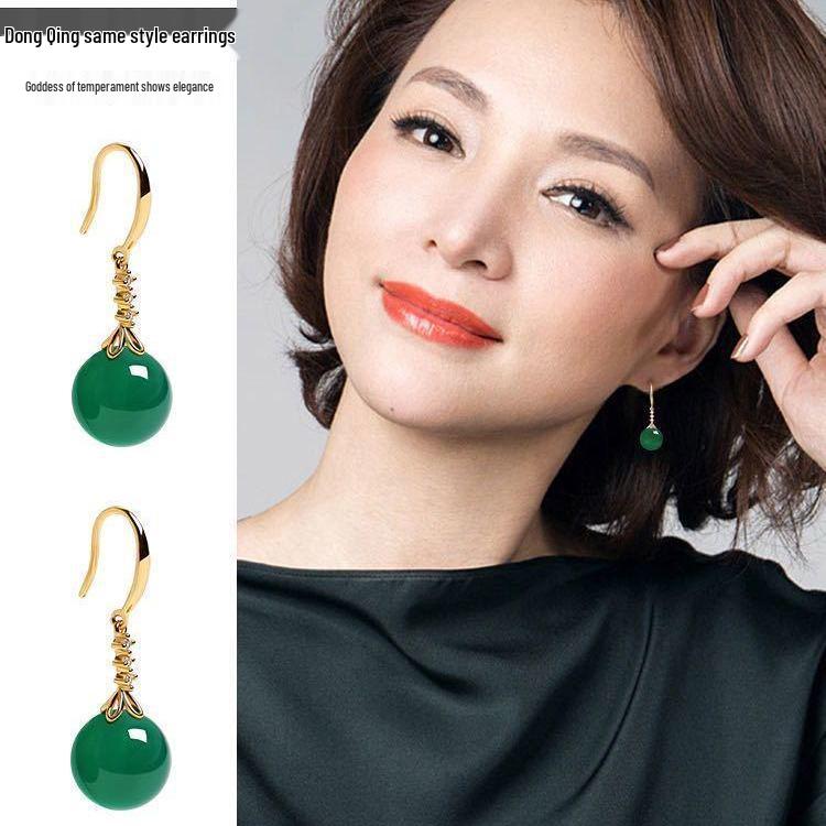 Modă Coreeană Cercei Atârnători cu Jasp Verde Placați cu Aur Alb
