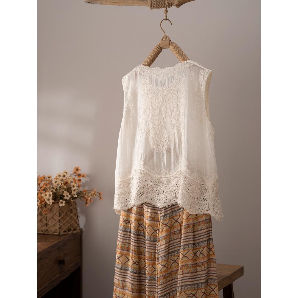 DIMANAF 2026 Vest T-Shirt Women Lace O-Neck Hollow Summer Style Basic Tops New Tees Loose Vest