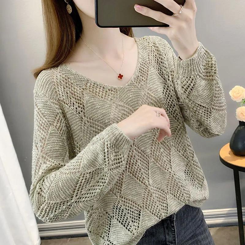 Women's Spring and Summer Loose-Fit V-Neck Long Sleeve Hollow Out Top Thin Pullover Knit Base Layer Sweater