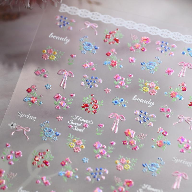 1 Sheet 3D Spring Flower Series Nail Stickers Colorful Rose Bouquet Nail Decal Self-Adhesive Daisy Ribbon Bow Manicure Sticker