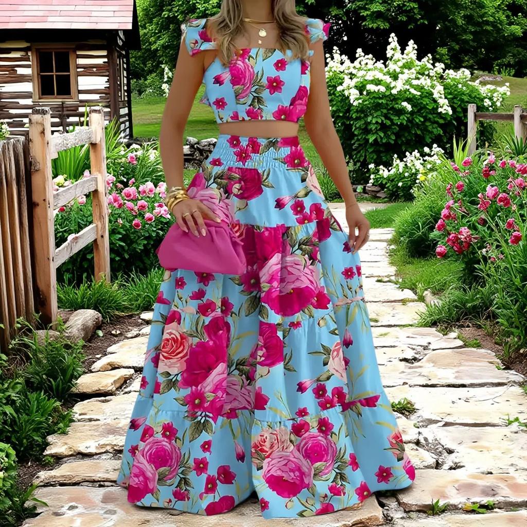 Women's Fashionable Casual Floral Print Elegant And Mid-Waist Strapless Wide-Skirt Two-Piece Dress Set