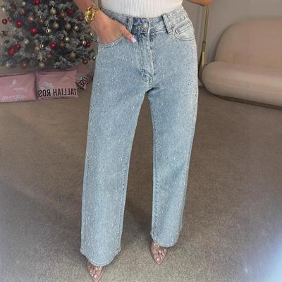 Damen Straight Jeans Diamanten Hose Stretch Hohe Taille Washed Distressed Pockets Vintage Denims Streetwear Damenhose