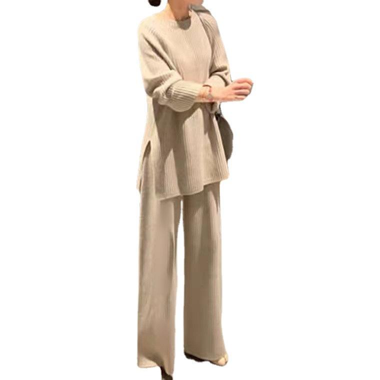 Women Solid Knitted Two-piece Casual Long Sleeve Wide Leg Pants Sweater Tracksuit Fashion Long Sleeve Winter Pullovers Home Suit