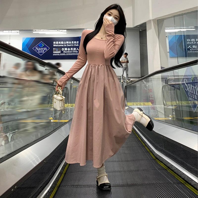 Early spring women s clothing light French style Korean dress new splicing gentle style high-end temperament waist dress S розовый