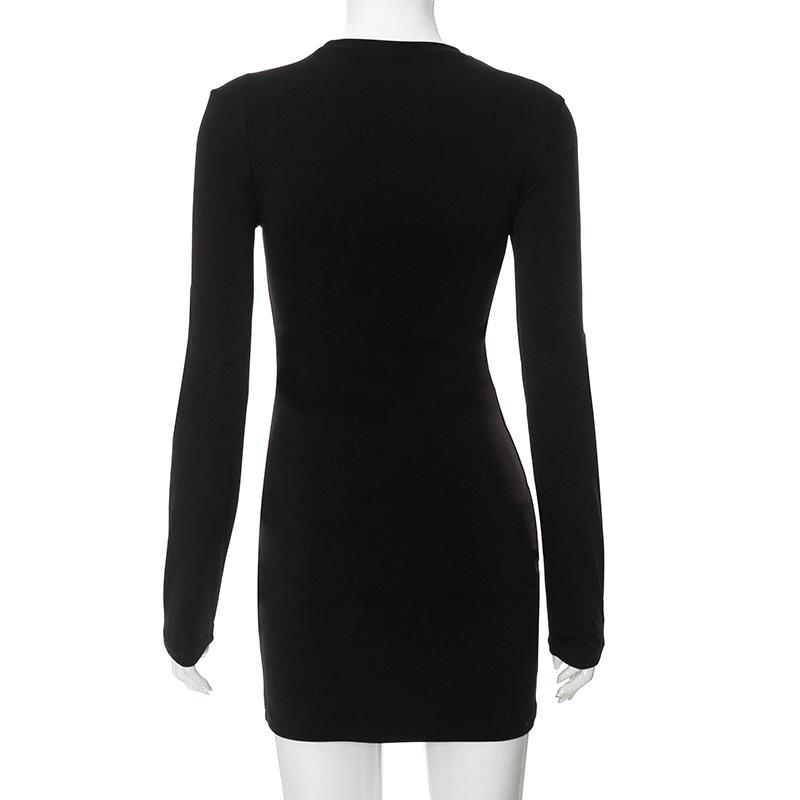 Women Sexy Long Sleeved Black Gold Mini Dress Women’s Solid Wrapping Skirt Party  Dress
