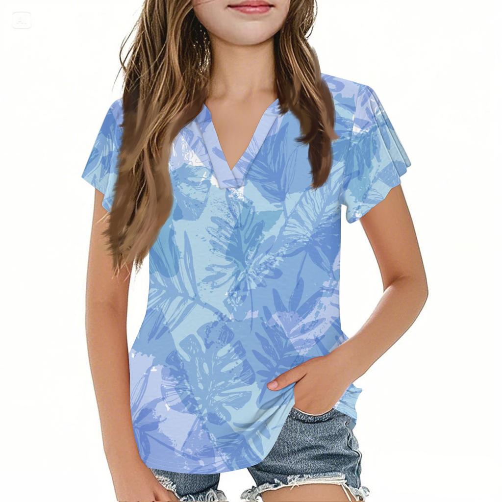 Summer Children's Casual Fashion Short-Sleeved V-Neck Hawaiian Girls' Top