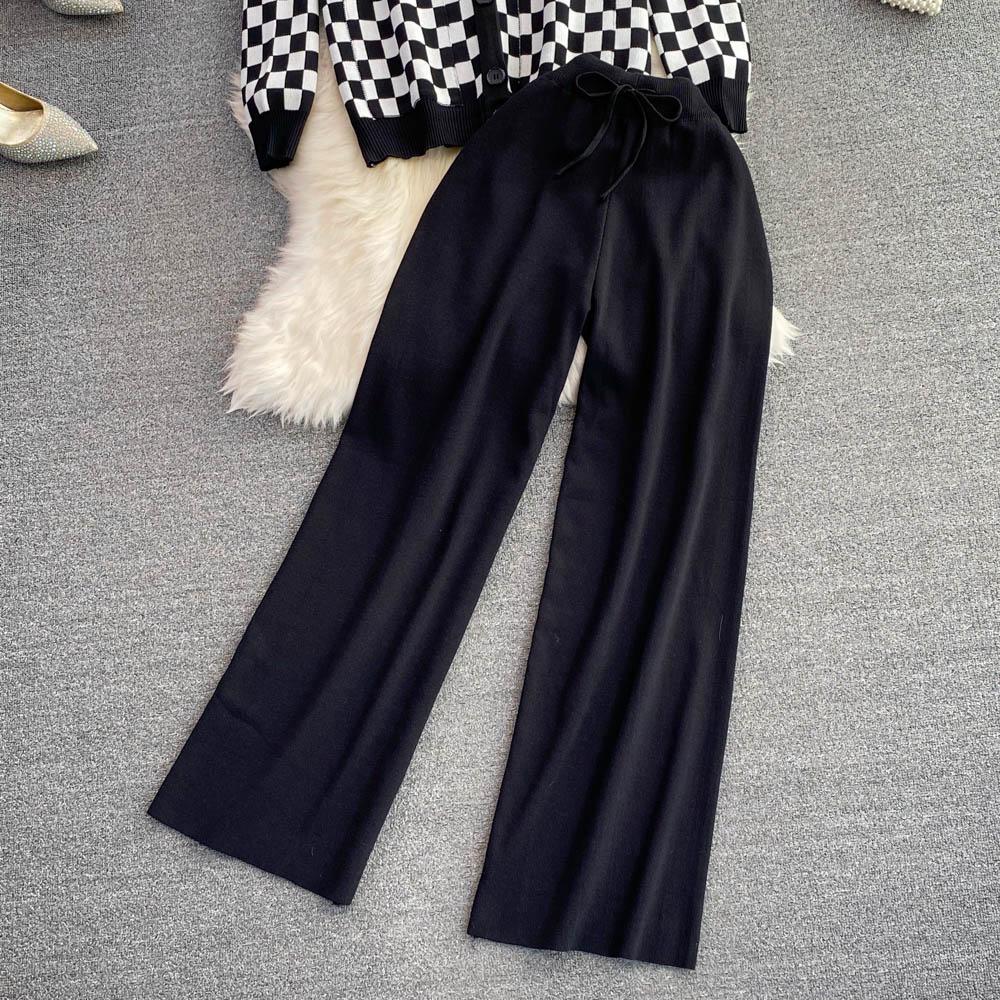Autumn Winter Vintage Plaid Knitted Sweater Pant 2 Piece Set Women Tracksuit Single Breasted Jacket Coat + Ankle Length Trousers Outfits