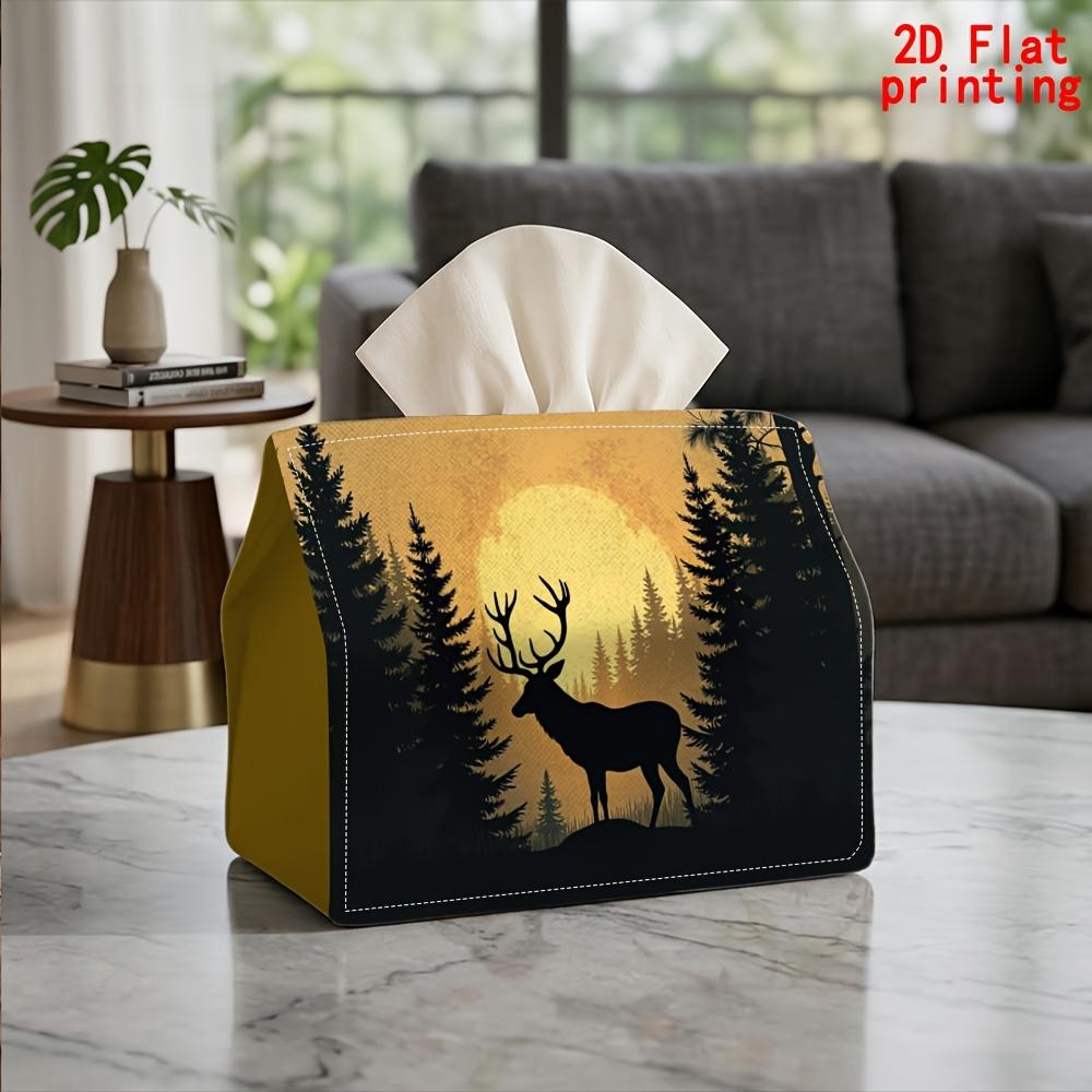 2D Flat 1pc, Tissue Box. Deer Shadow Forest Sunset Pattern Napkin Dispenser, Reusable, Daily Desktop Tissue Organizer, Suitable for Kitchen Living Roo