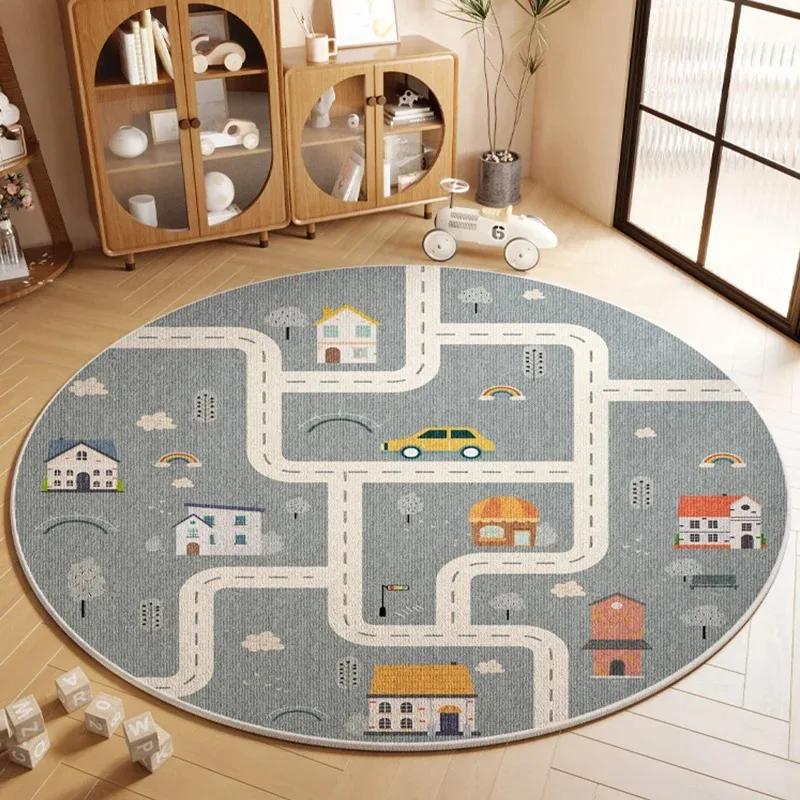 Cartoon Style Animal Pattern Round Carpet, Kids' Play Mat, Living Room Decorative Mat, Study Room Floor Mat, Stain-Resistant