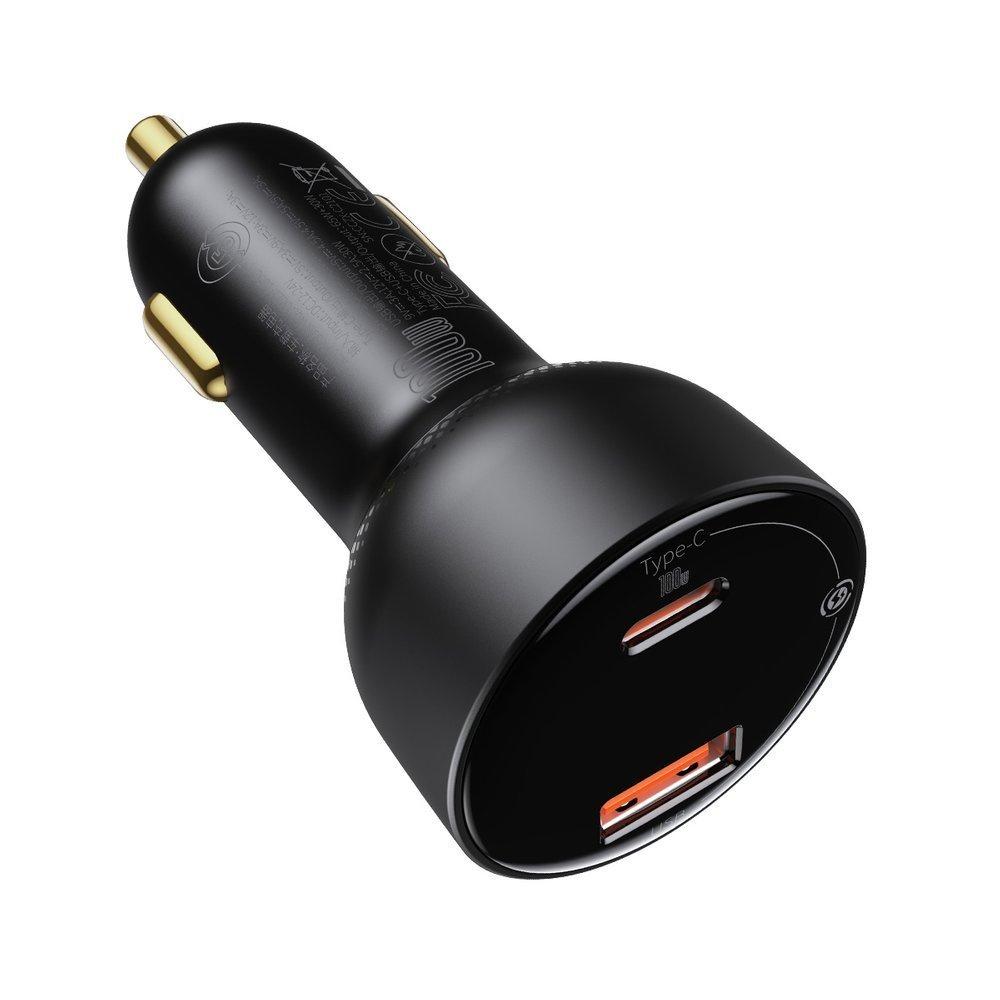 Baseus Supreme 100W Dual Port Car Charger, USB & USB-C Quick Charge with 1m USB-C Cable - Black