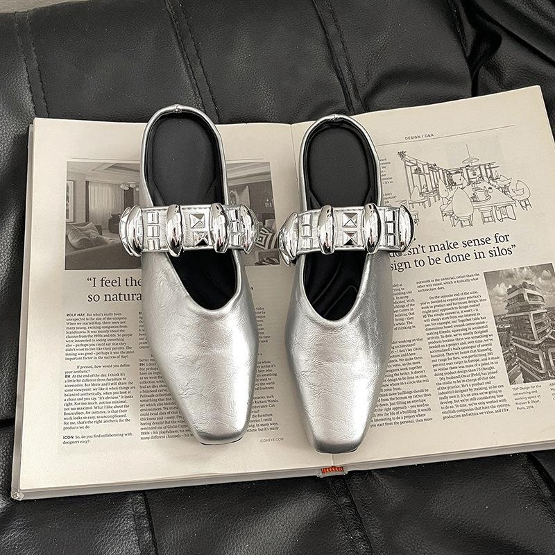 Summer New Single Shoes with Mary Jane Shoes Rhinestone Women's Bag Head Half Slippers Retro Flat Pointed Sandals