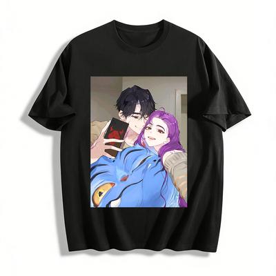 Anime-Stil Pärchen-Selfie & Niedliches Haustier Aufdruck Sweatshirt Unisex Lässiges Lockeres Oberteil Reines Baumwoll-T-Shirt
