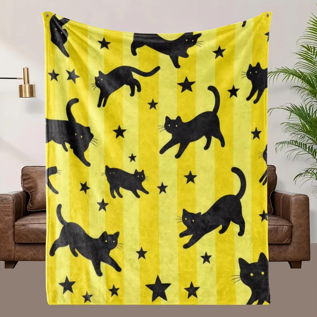 Cozy Black Cat Stars Flannel Blanket Soft Breathable All Season Machine Washable Perfect Gift For Cat Lovers