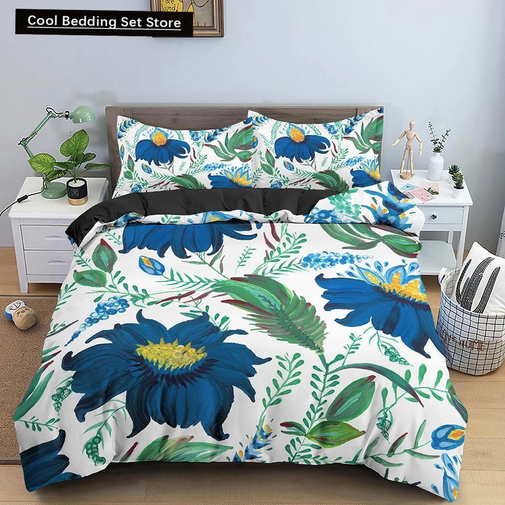 Comforter Flowers King Queen 3D Colorful Floral Printed Polyester Bedding Set For Teens Adults Women Leaves Soft