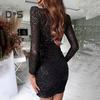 Lady Club Kleid V-Ausschnitt Pailletten Langarm Hohe Elastizität Etuikleid Mesh Patchwork Promi Bankett Abschlussball Cocktail Party Minikleid