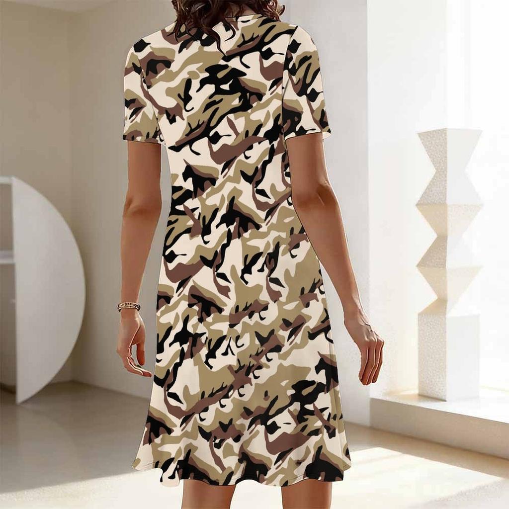 Plus Size Round Neck Short Sleeve Dress Colorful Wild Floral Print For Outdoor Coffee Time