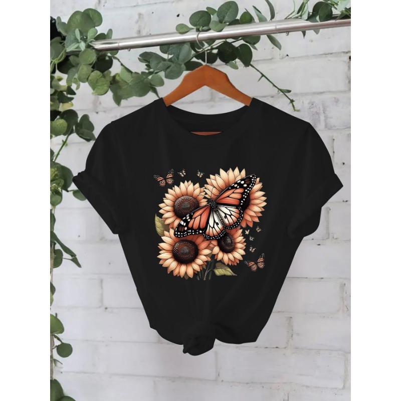Summer New Short-sleeved Fashion T-shirts Featuring Sunflowers and Butterflies