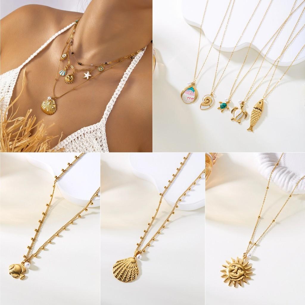 Oceanic Style Stainless Steel Necklace With Pearl And Sun Motif For Vacation Look