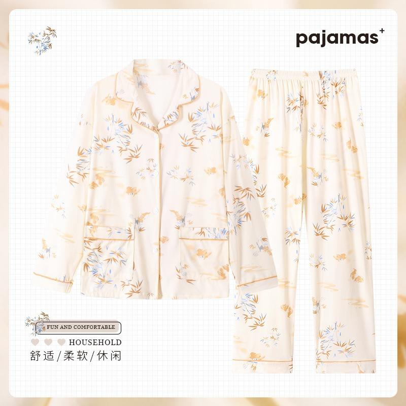 Shuxin floraler Baumwollimitat-Pyjama Frühling und Herbst dünn Mutter locker Übergröße Loungewear Langarm-Set