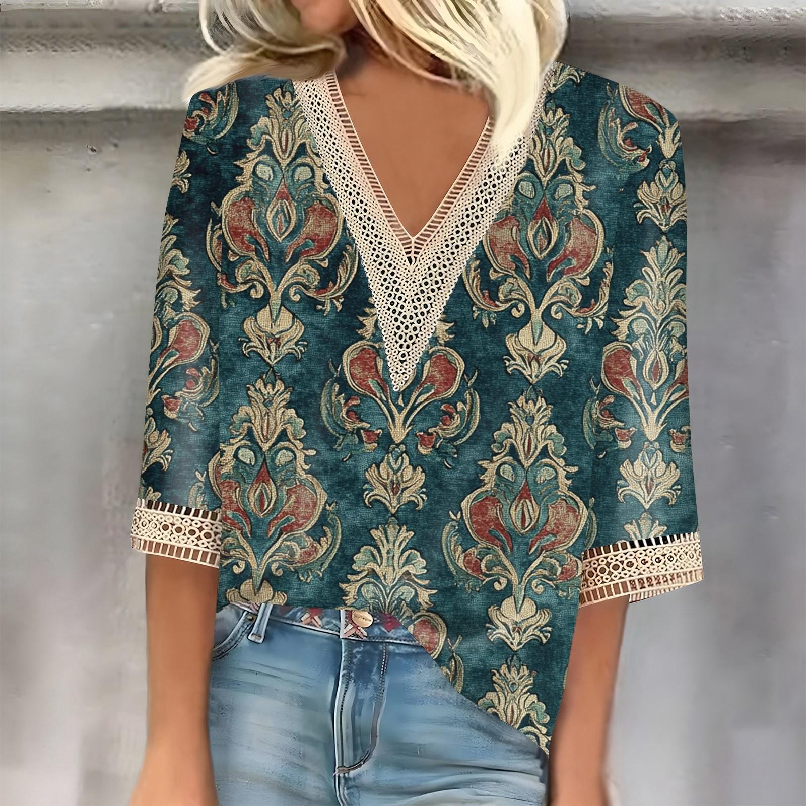 

Женский кружевной топ с винтажным принтом и рукавами три четверти XXL