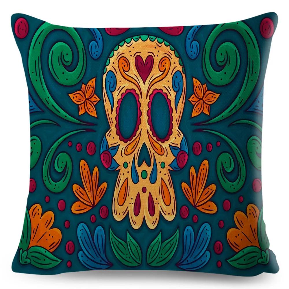 Day Of The Dead Pillowcase Decor Cartoon Mexico Flower Skull Print Cushion Cover for Sofa Home Polyester Pillow Case 45x45cm