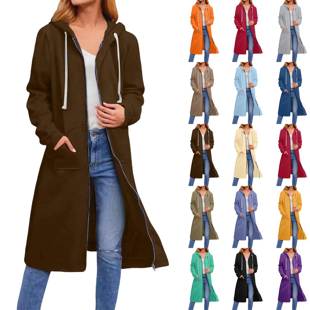 Women's Solid Color Fashionable Loose Zipper Long Cardigan Hooded Sweatshirt Jacket