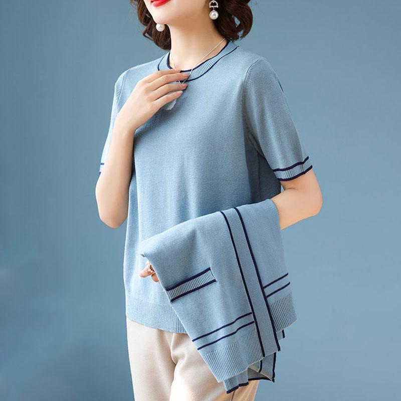 Spring  Autumn Women's Knit Top Two-Piece Set Color-Block Knit Cardigan Knit Short-Sleeve T-Shirt Two-Piece Set