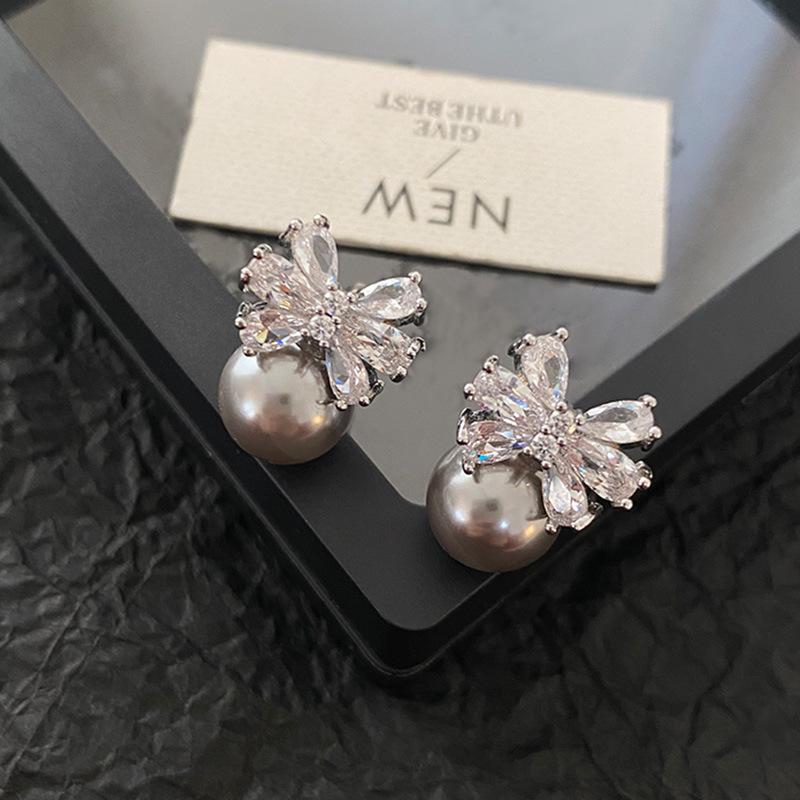 

Серьги-гвоздики с серым жемчугом Shijia, бант из циркония в форме капли воды, серьги Niche Design, серьги, высококачественные серьги.