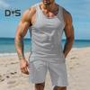 2Pcs/Set Men Sportswear Waffle Fabric Solid Color O-Neck Sleeveless Vest Elastic Waist Wide Leg Shorts Suit Casual Wear