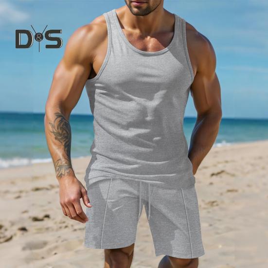 2Pcs/Set Men Sportswear Waffle Fabric Solid Color O-Neck Sleeveless Vest Elastic Waist Wide Leg Shorts Suit Casual Wear