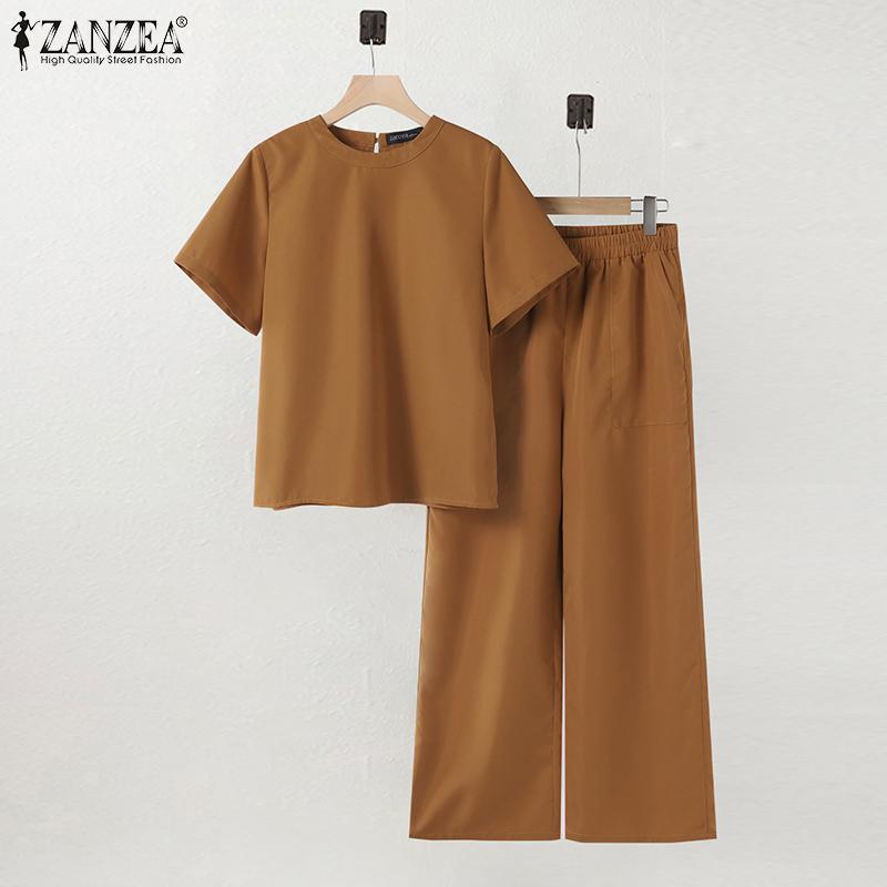 

ZANZEA Женская блузка с короткими рукавами и брюки повседневные комплекты из двух предметов