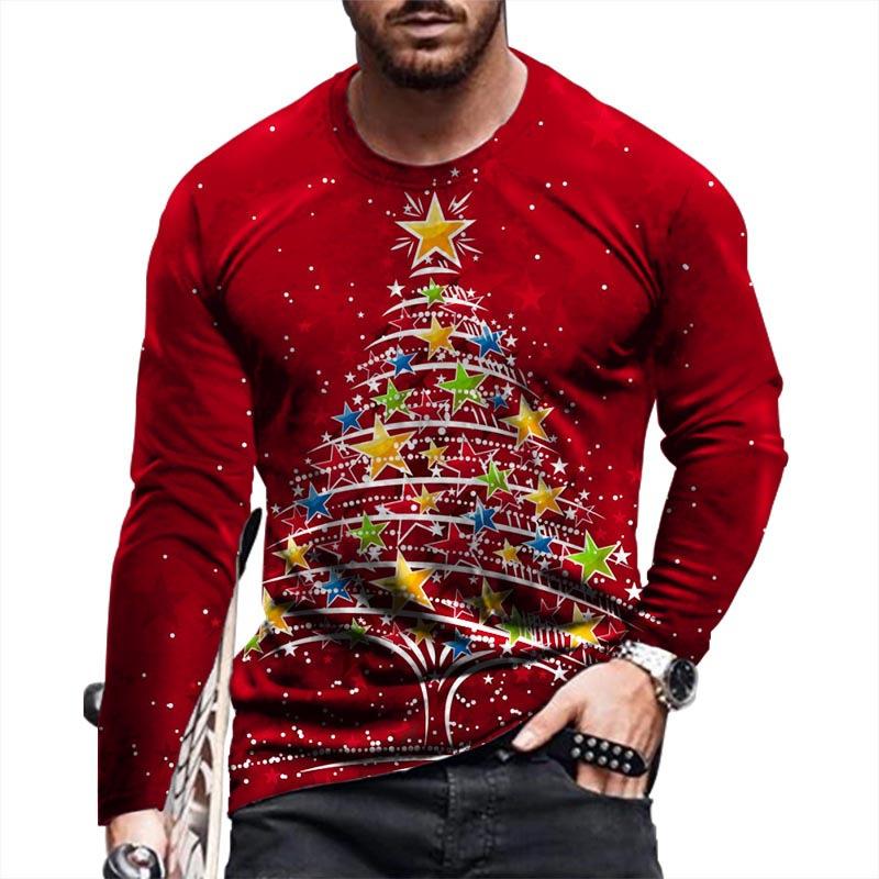 Round Neck 3D Christmas Printed Top Casual Long Sleeved Men's T-shirts - Soft Medium Stretch Polyester Fabric Spring and Autumn Relaxed Fit Clothing