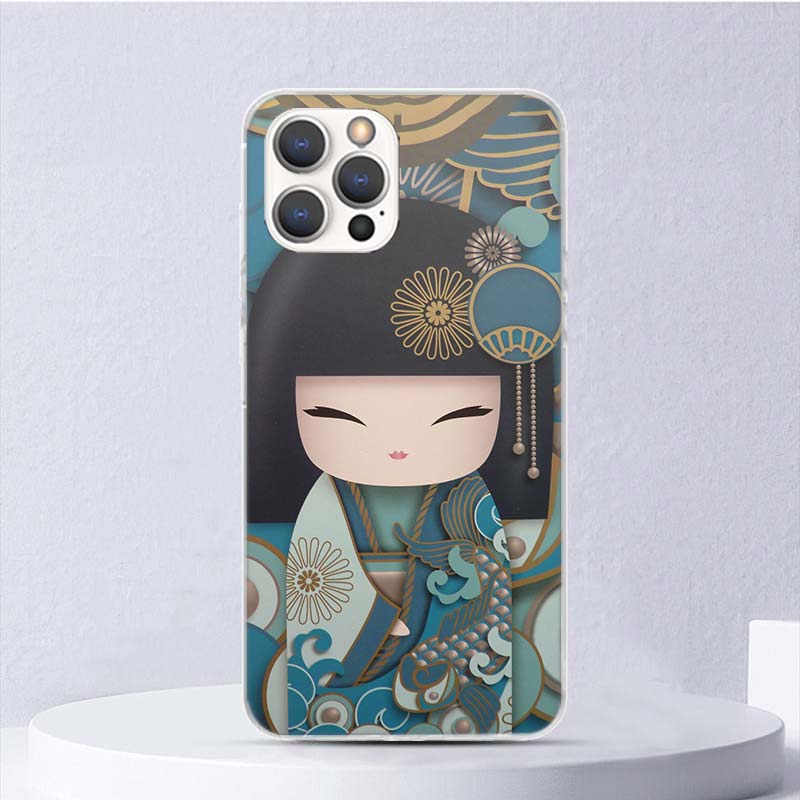Kokeshi Doll Kimono Girl Soft Case For iPhone 16 17 Air 16E 15 Plus 11 12 13 Mini 14 Pro Max Phone Cover Apple 7 8 SE Coque Fund