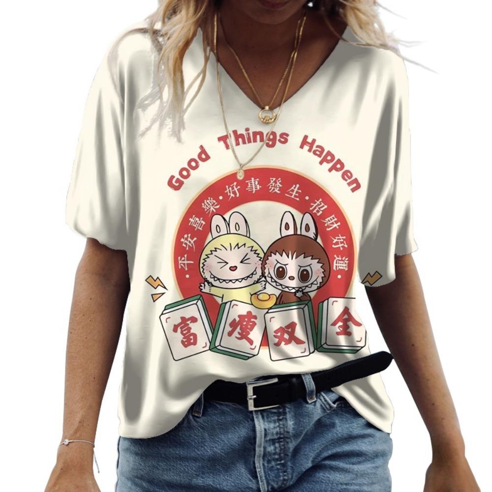 

Бавовняна футболка з коротким рукавом Labubu, Літо 2025, З рукавом до ліктя, У стилі інс, Універсальний вуличний одяг, Повсякденна жіноча футболка з коротким рукавом S