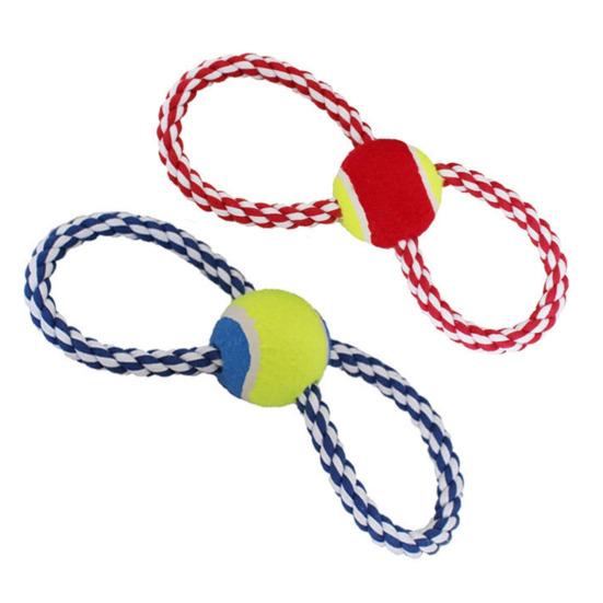 Pet Toys Figure-8 Shape Interactive Chewing Rope with Built-in Tennis Ball Durable Natural Cotton Tug of War Toy for Teeth Cleaning Fresh Breath Dogs