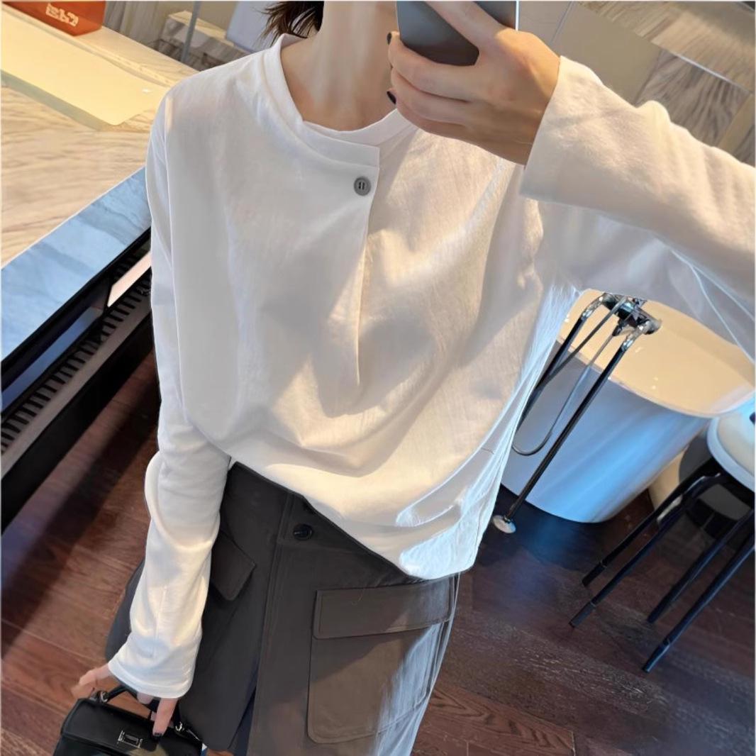 

Women s 2025 Summer Pure Cotton Long Sleeve Round Neck Shirt Large белый