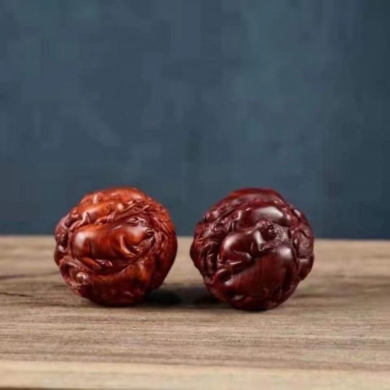 Yellow Rosewood Zodiac Health Massage Balls - Solid Wood Carved Handheld Fitness Playthings